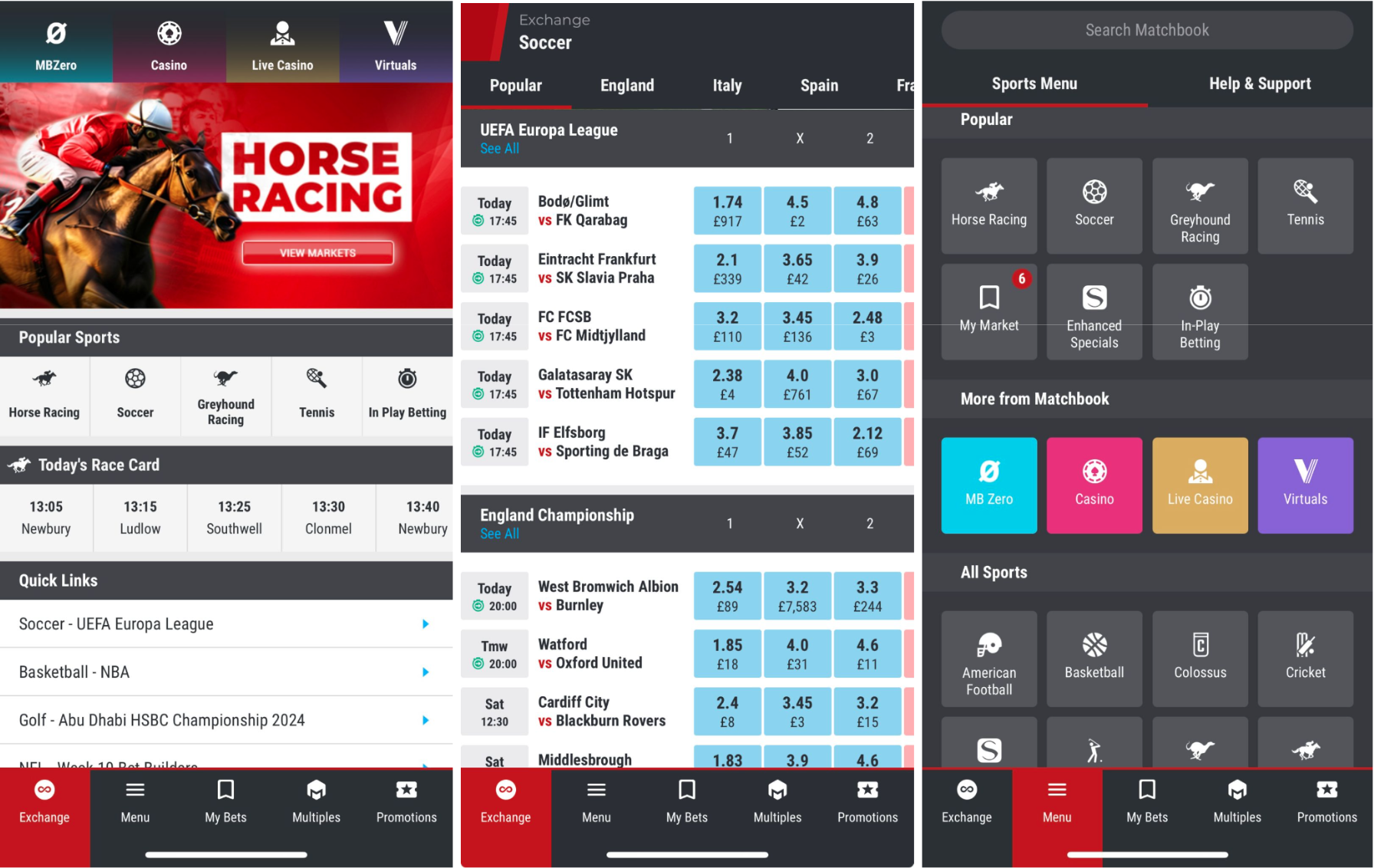 Homepage, betting page and menu sections of the Matchbook app